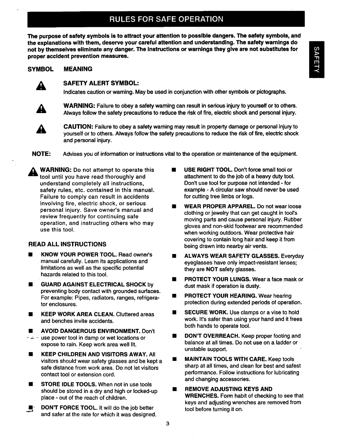 Craftsman 315.111920 owner manual Symbol Meaning Safety Alert Symbol, Read ALL Instructions, Remove Adjusting Keys 