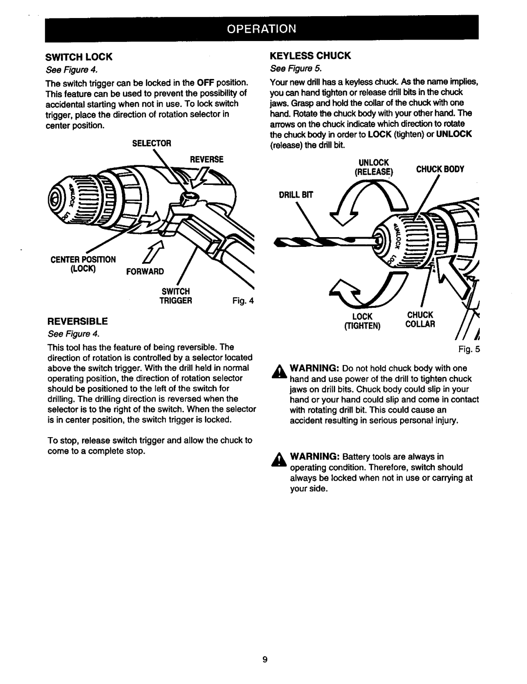 Craftsman 315.111920 owner manual Keyless Chuck, LOC Forward, SeeFigure5 