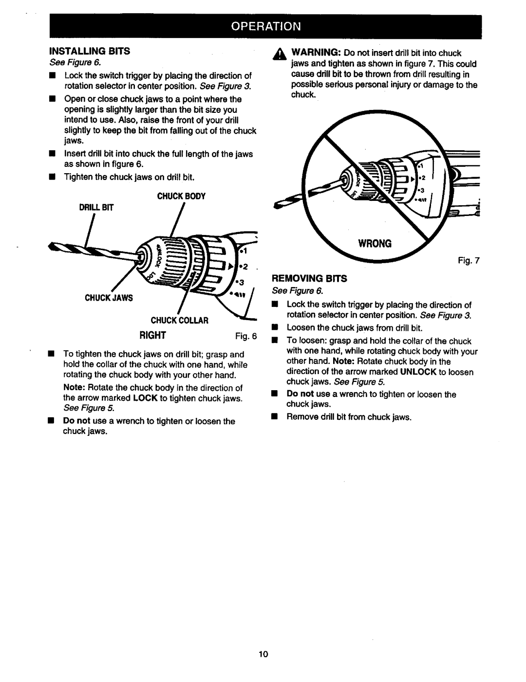 Craftsman 315.11196 owner manual Right, Installing Bits, Chuckbody Drillbit Chuckjaws Chuckcollar, Removing Bits 