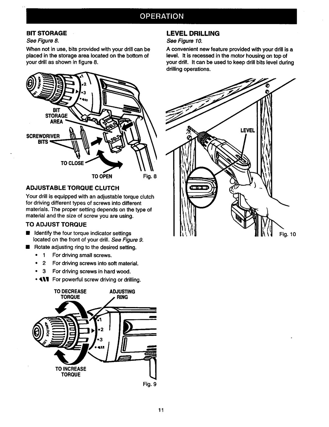 Craftsman 315.11196 owner manual To Adjust Torque, To Decreaseadjusting Torquering Toincrease Level Drilling 