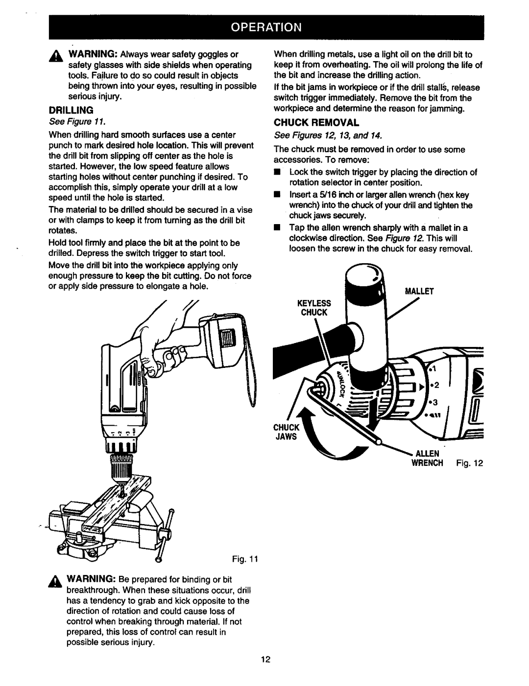 Craftsman 315.11196 owner manual Chuck Removal, Drilling, Mallet Keyless Chuck Jaws Allen 