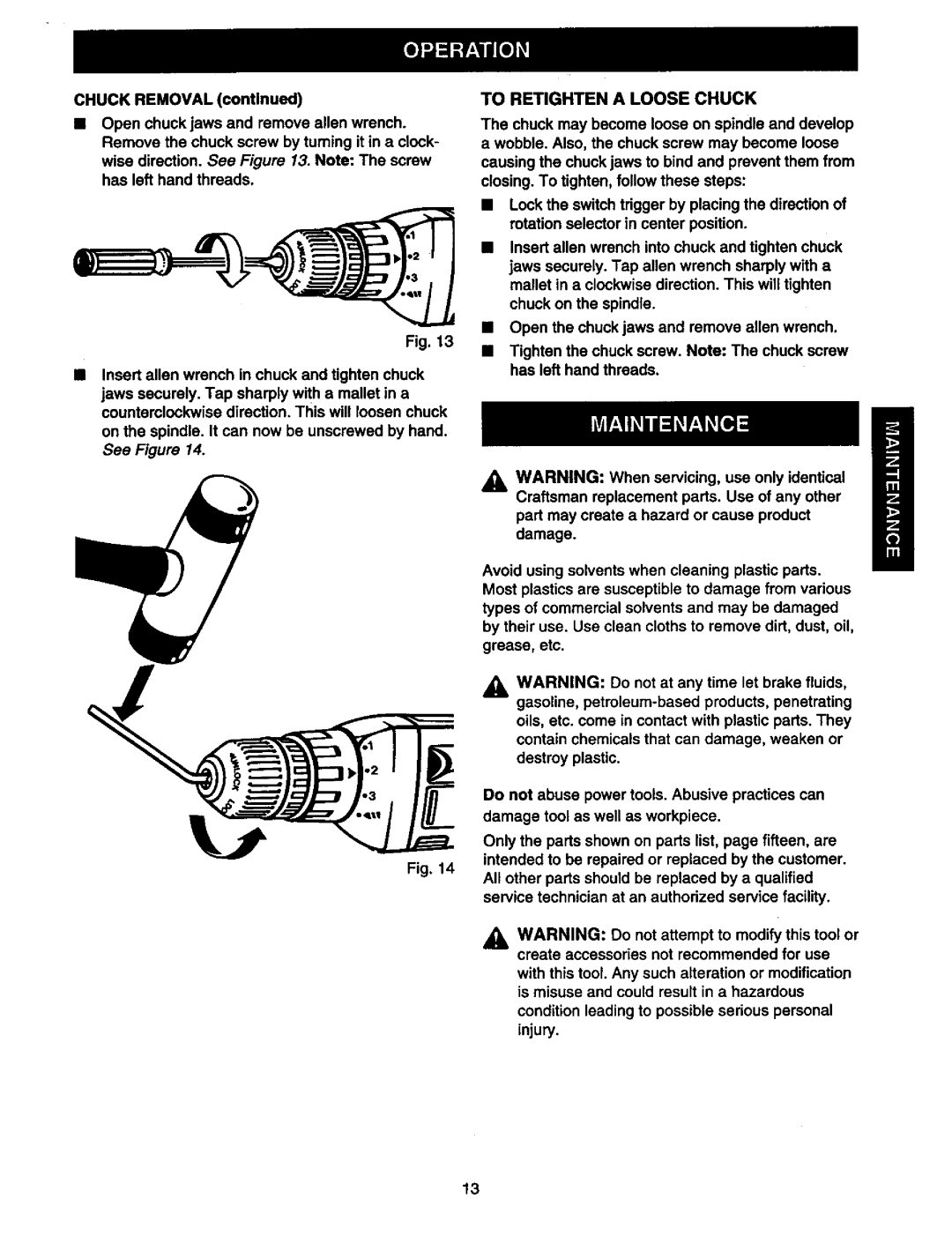 Craftsman 315.11196 owner manual CHUCKREMOVALcoInued, To Retighten a Loose Chuck 