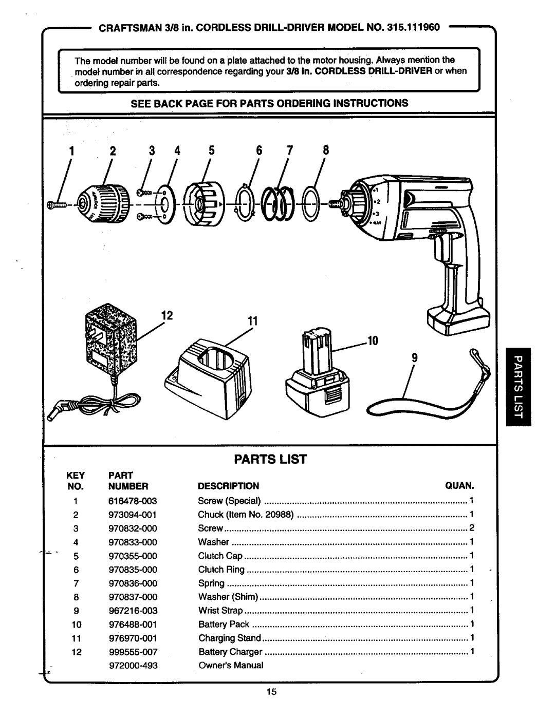 Craftsman 315.11196 owner manual See Back page for Parts Ordering Instructions, KEY Part Number Description Quan 