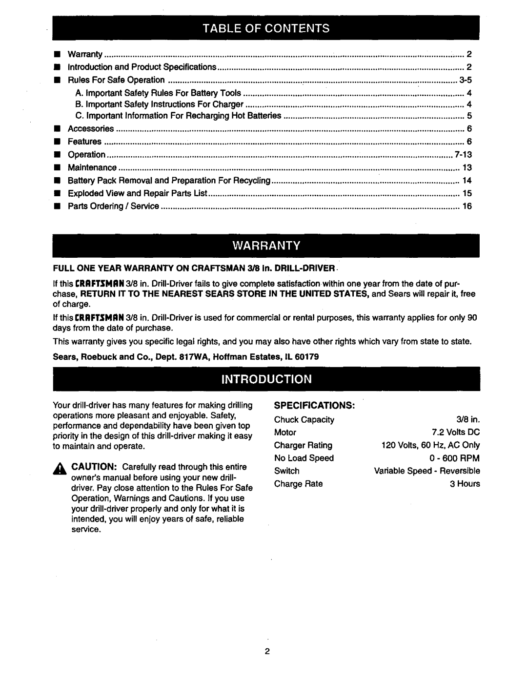 Craftsman 315.11196 owner manual Specifications 