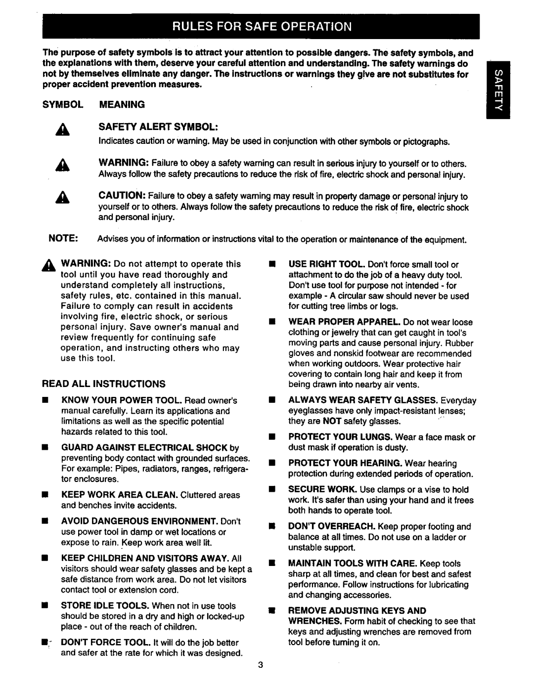 Craftsman 315.11196 owner manual Symbol Meaning Safety Alert Symbol, Read ALL Instructions, Guard, Remove Adjusting Keys 