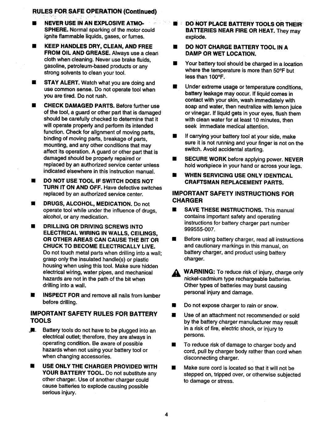 Craftsman 315.11196 owner manual Important Safety Rules for Battery Tools, Do not USE Tool if Switch does not 