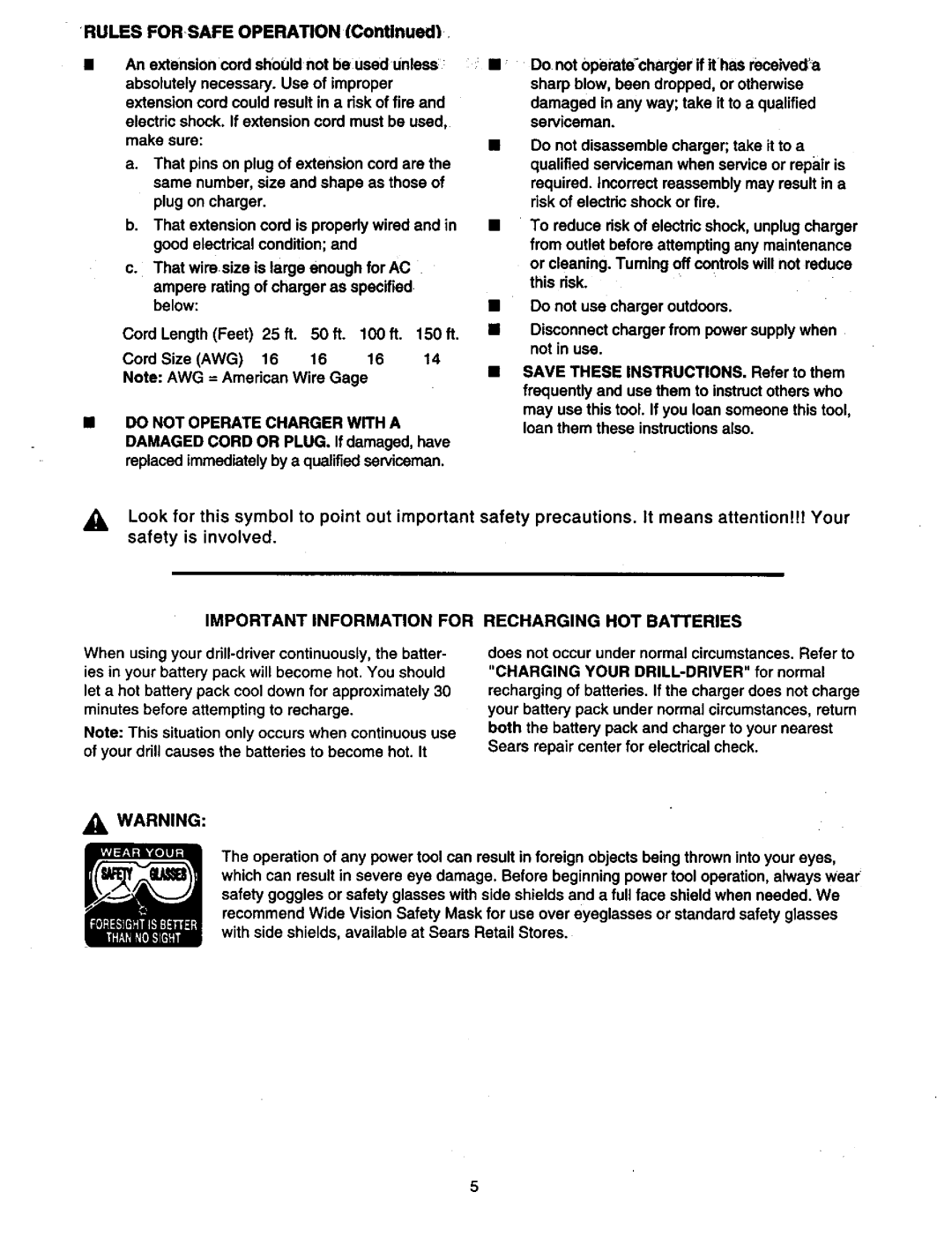 Craftsman 315.11196 owner manual Rules Forsafe Operation Contlnued, Important Information for Recharging HOT Batteries 