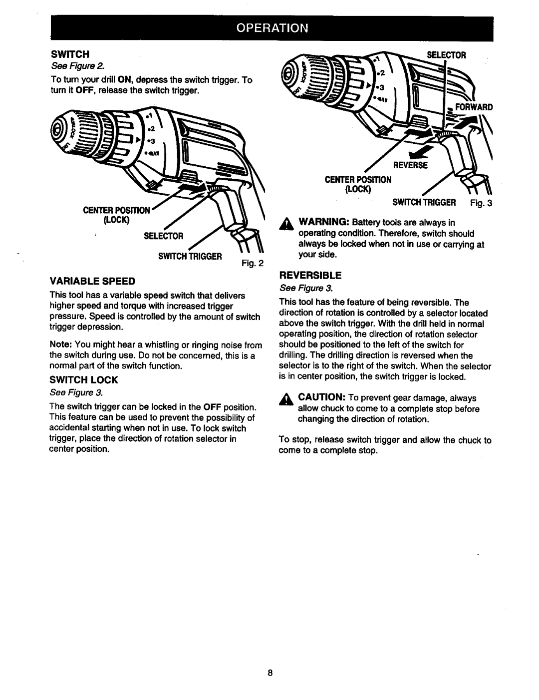 Craftsman 315.11196 owner manual Lock Selector Switchtrigger Variable Speed, Switch Lock, Selector Forward, Reversible 