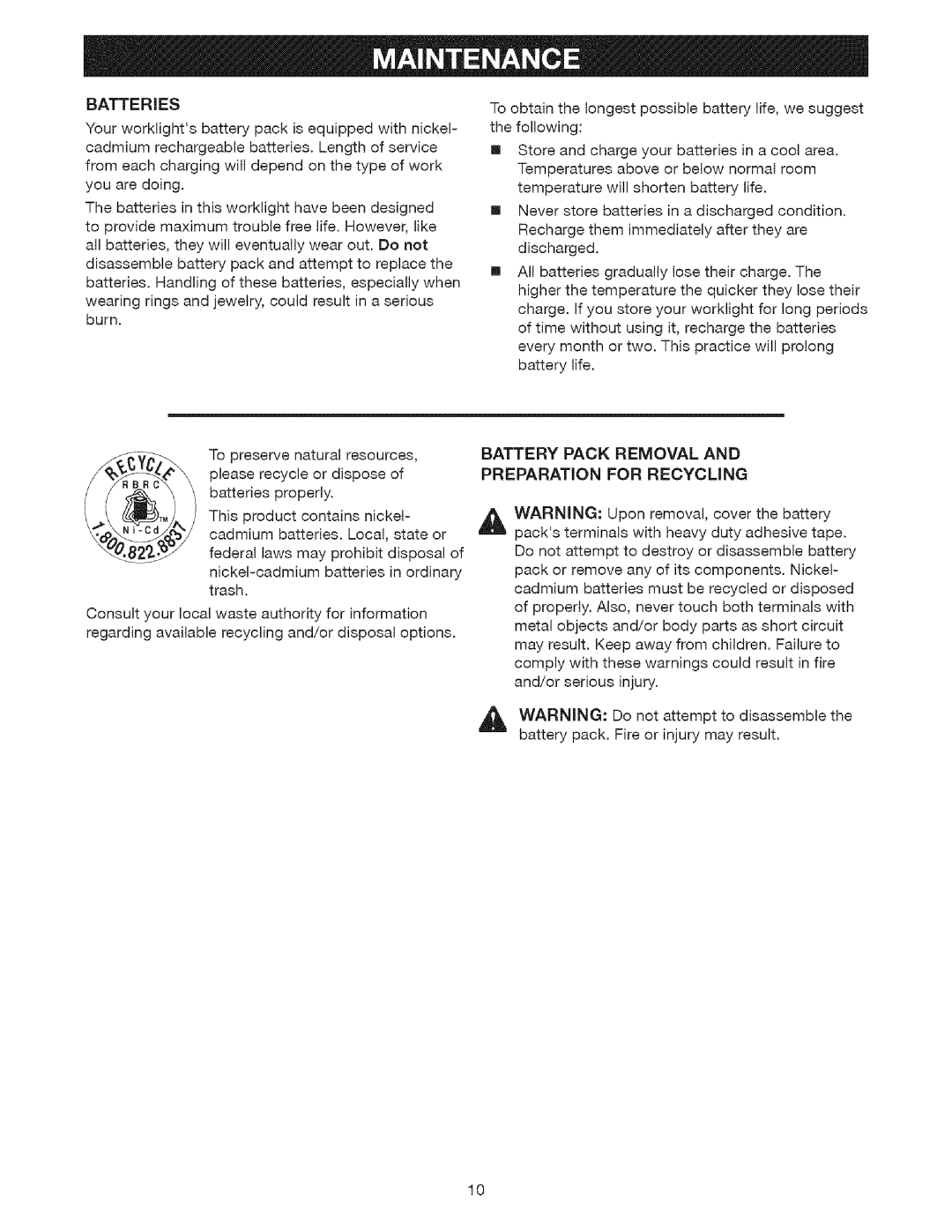 Craftsman 315.113911 operating instructions Batteries, Battery Pack Removal Preparation for Recycling 