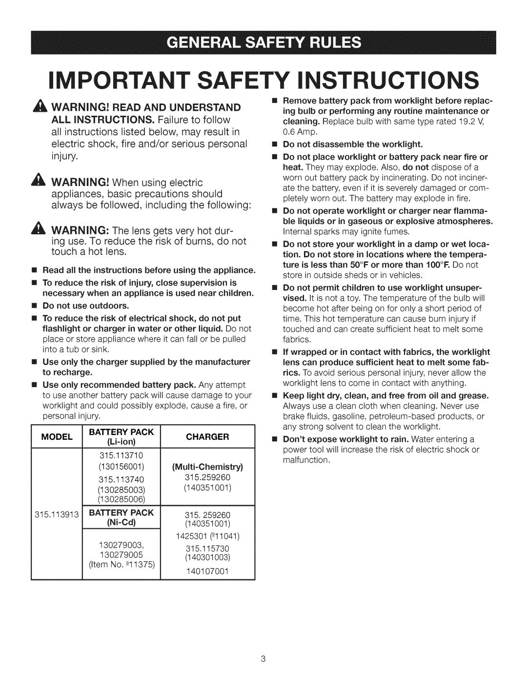 Craftsman 315.113913 manual Portant Safety I ST, Battery Pack, Charger, Model 