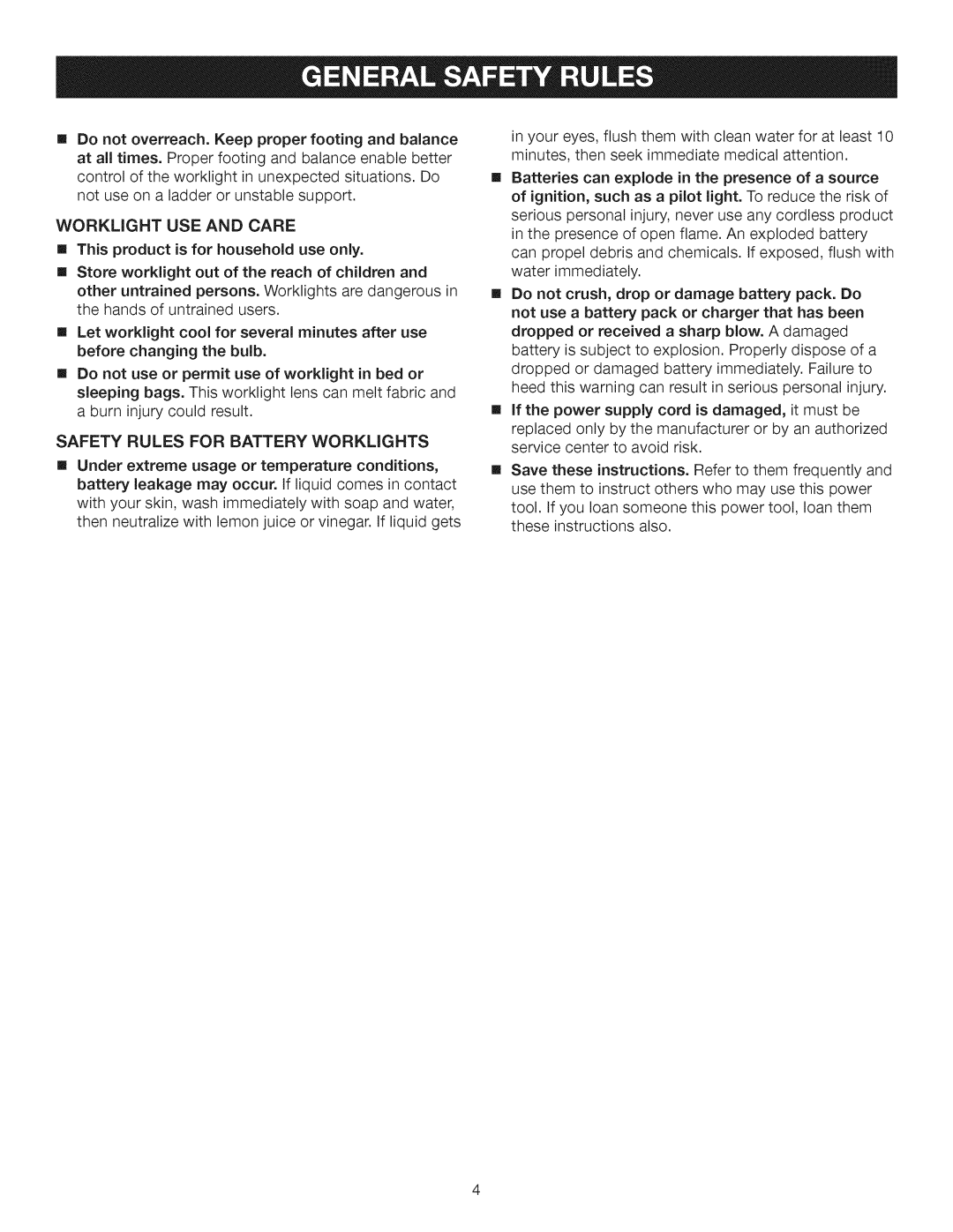 Craftsman 315.113913 manual Worklight USE and Care, Safety Rules for Battery Worklights 