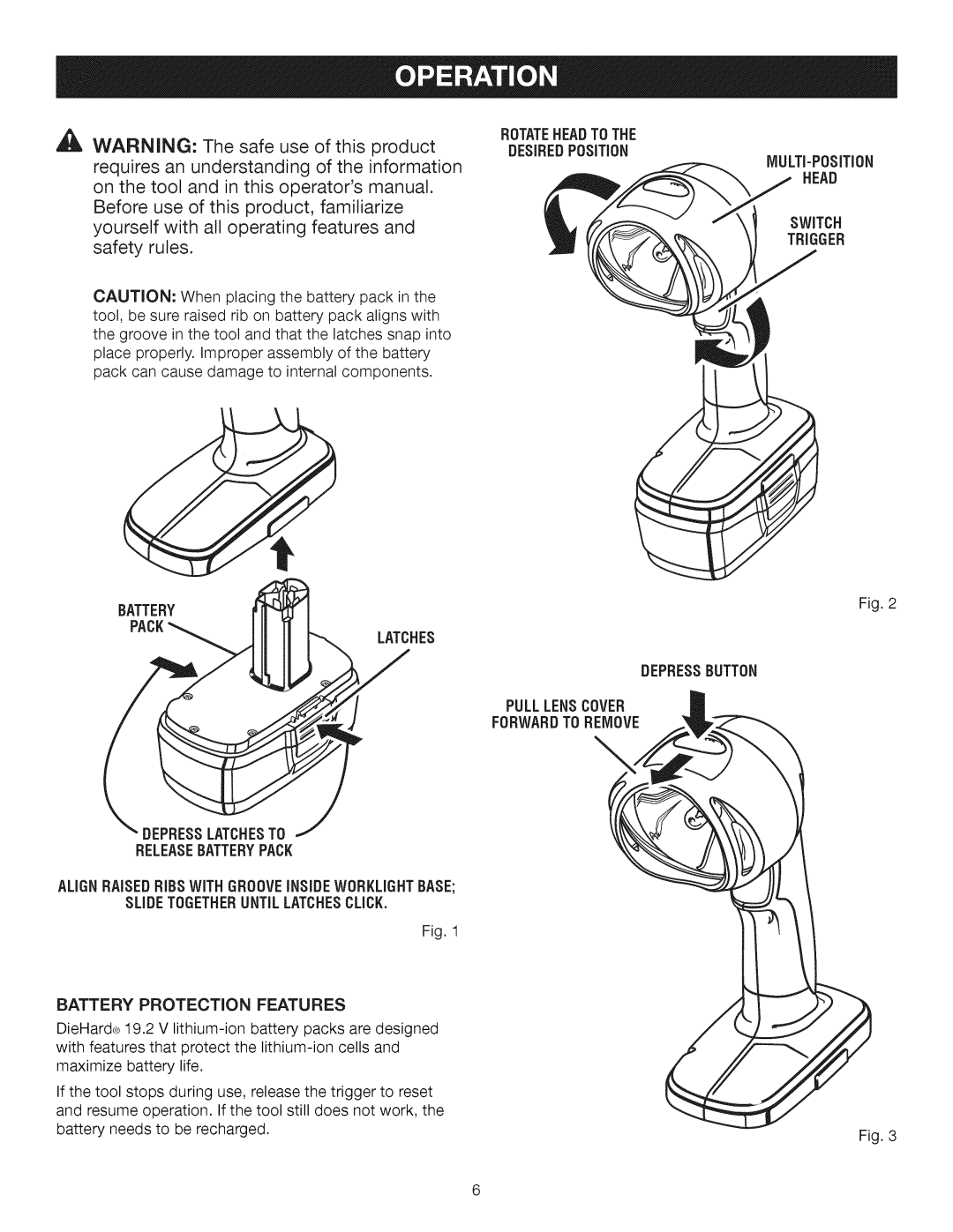 Craftsman 315.113913 manual Pack Latches Depresslatchesto Releasebatterypack, Slidetogetheruntillatchesclick 