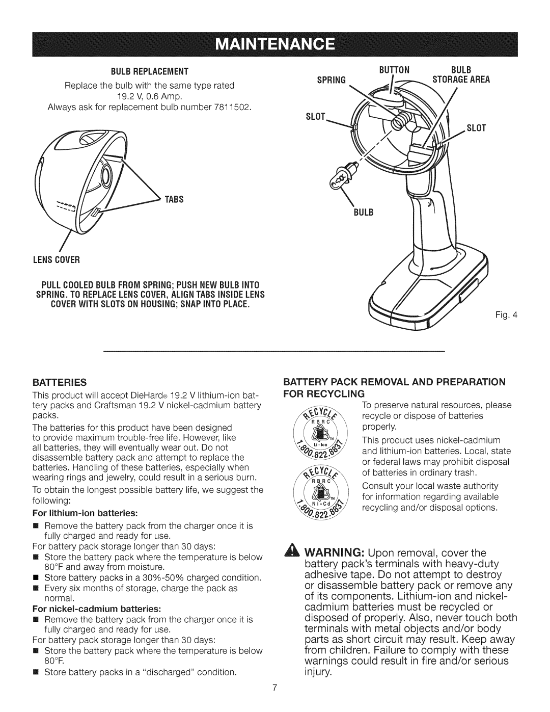 Craftsman 315.113913 manual Bulbreplacement, Tabs Lenscover, Spring 