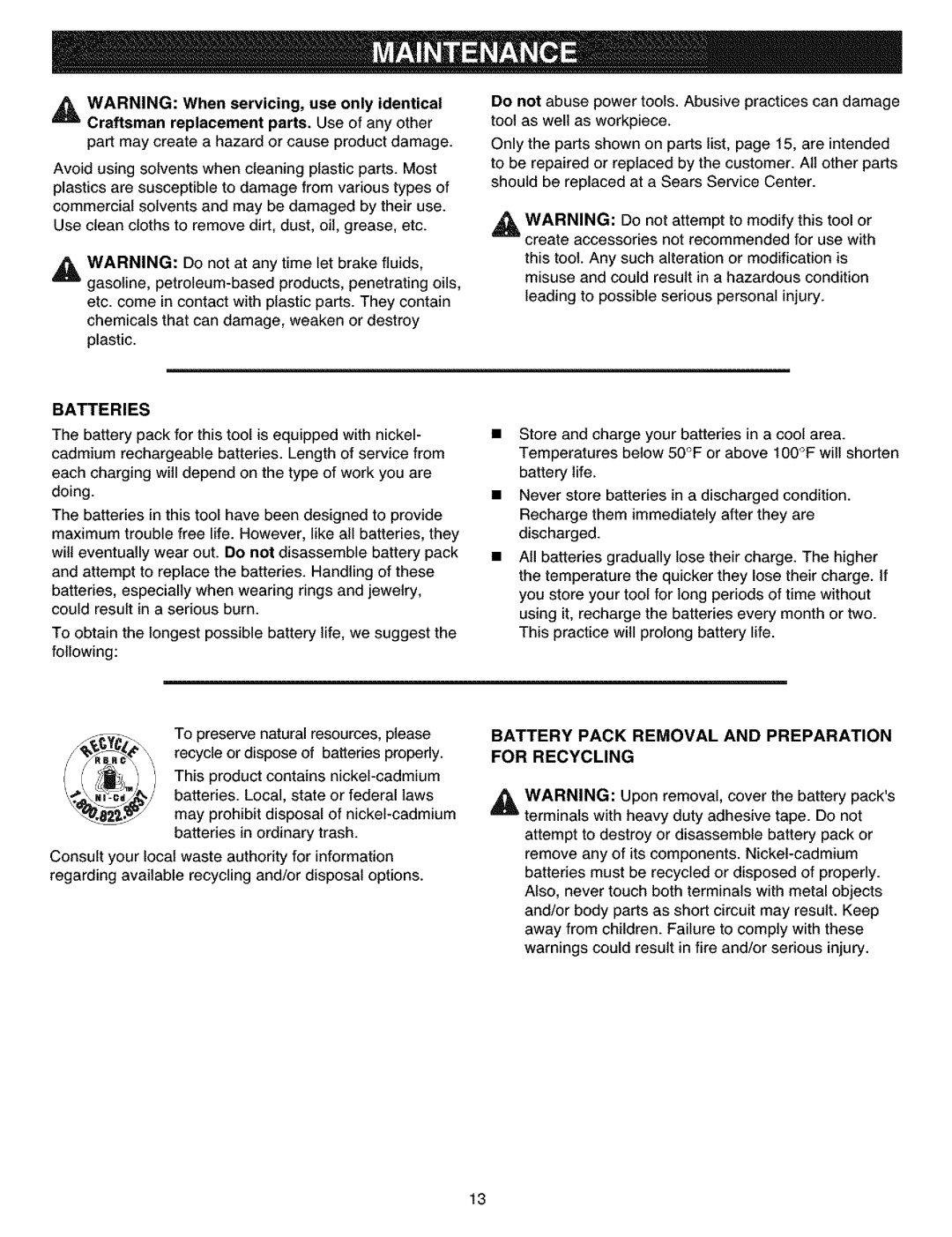 Craftsman 315.11401 manual Batteries, Battery Pack Removal and Preparation For Recycling 