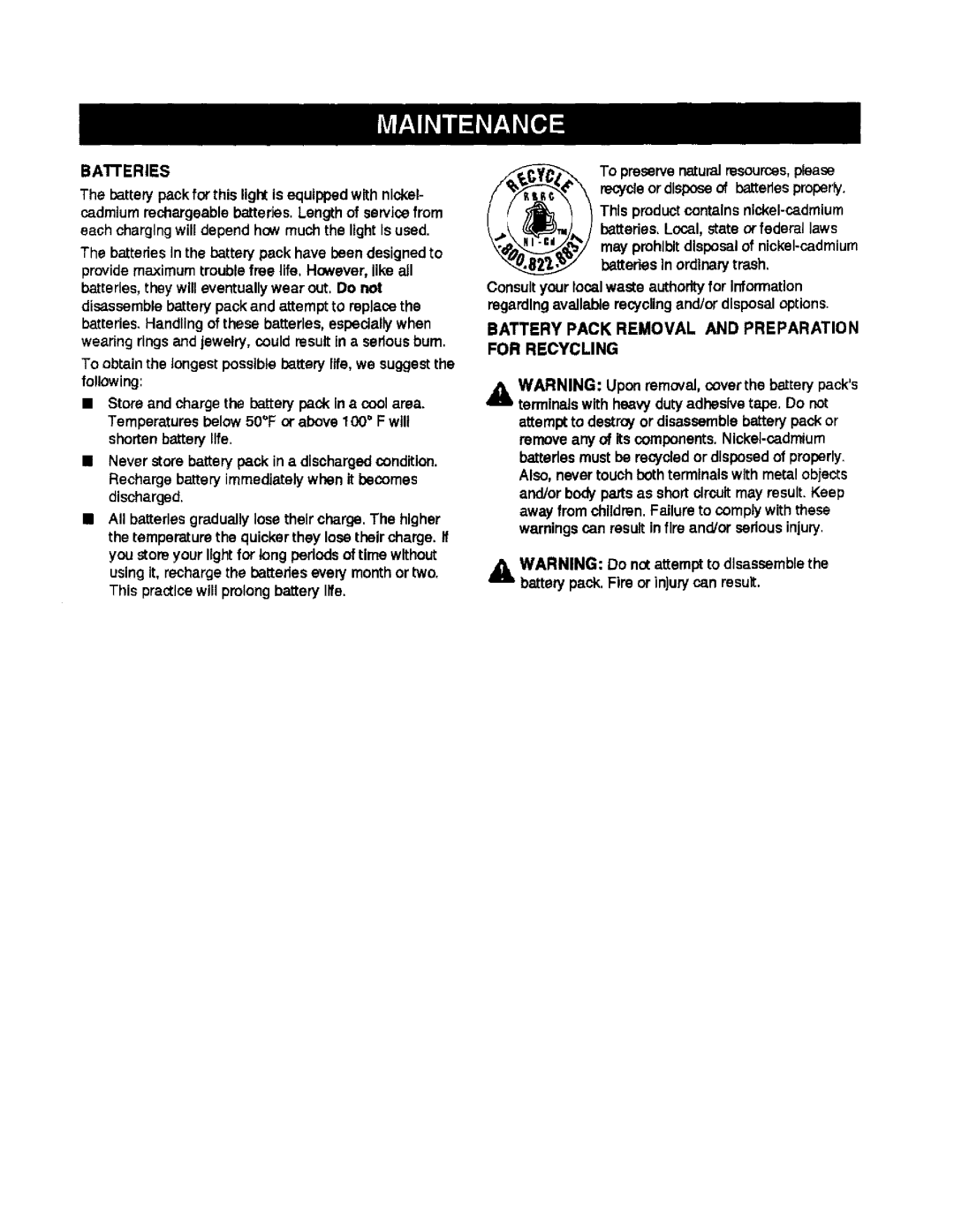 Craftsman 315.114071 manual Baiferies, Battery Pack Removal and Preparation for Recycling 