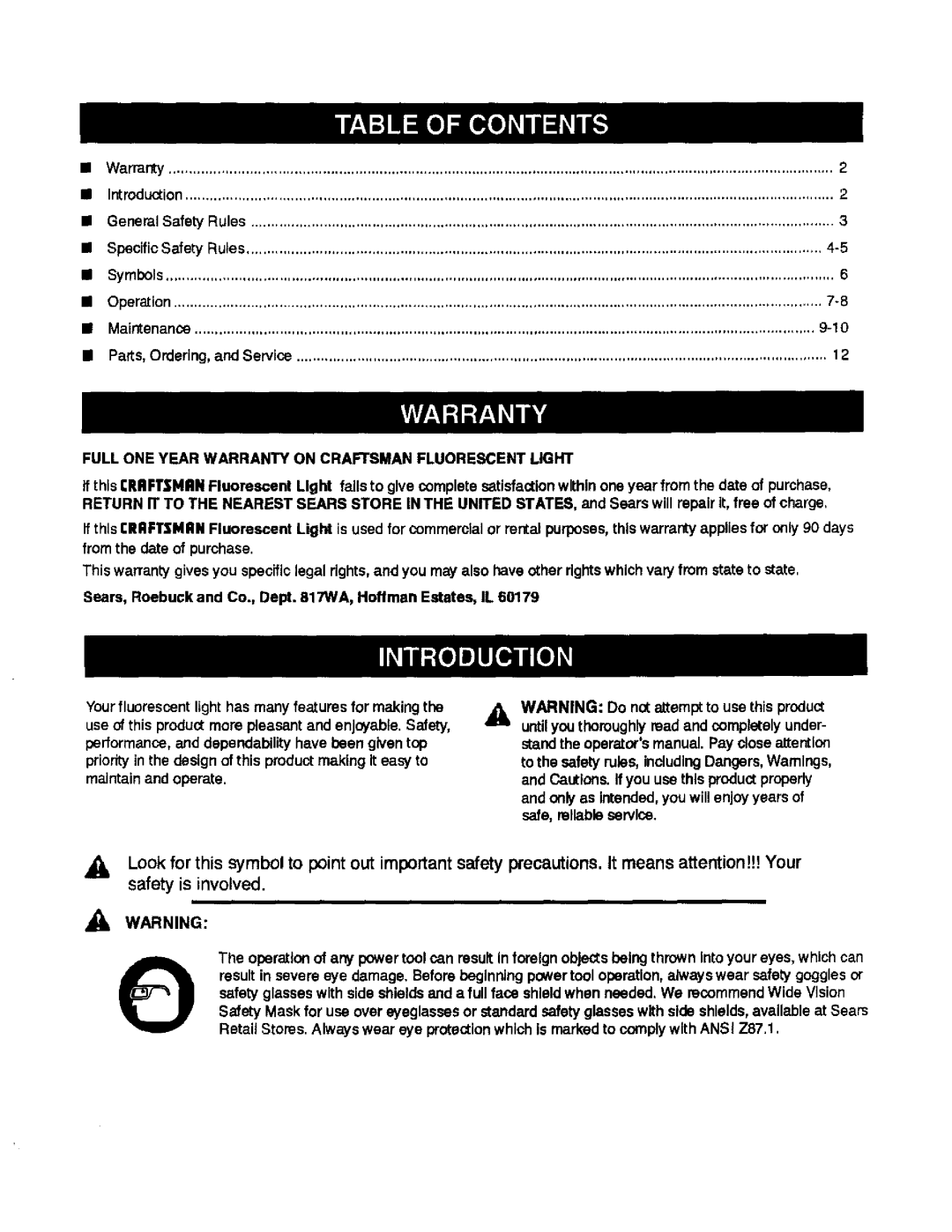 Craftsman 315.114071 manual Full ONE Year Warranty on Craftsman Fluorescent Light 