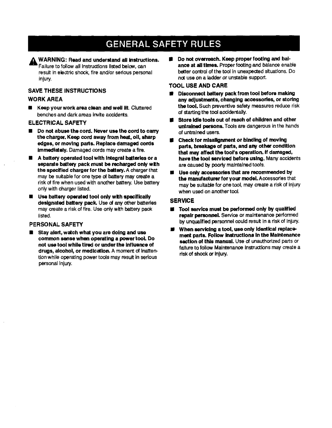 Craftsman 315.114071 manual Savetheseinstructions Work Area, Electrical Safety, Personal Safety, Tooluseandcare, Service 