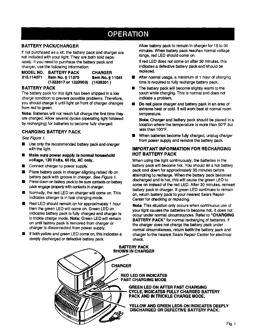 Craftsman 315.114071 manual Batfery PACK/CHARG ER, Model no, Charger, Charging Battery Pack 