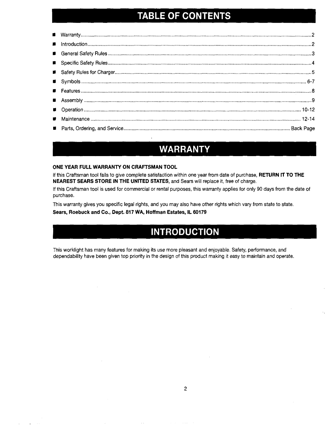 Craftsman 315.114073 manual ONE Year Full Warranty on Craftsman Tool, Sears, Roebuck and Co., Dept WA, Hoffman Estates, II 