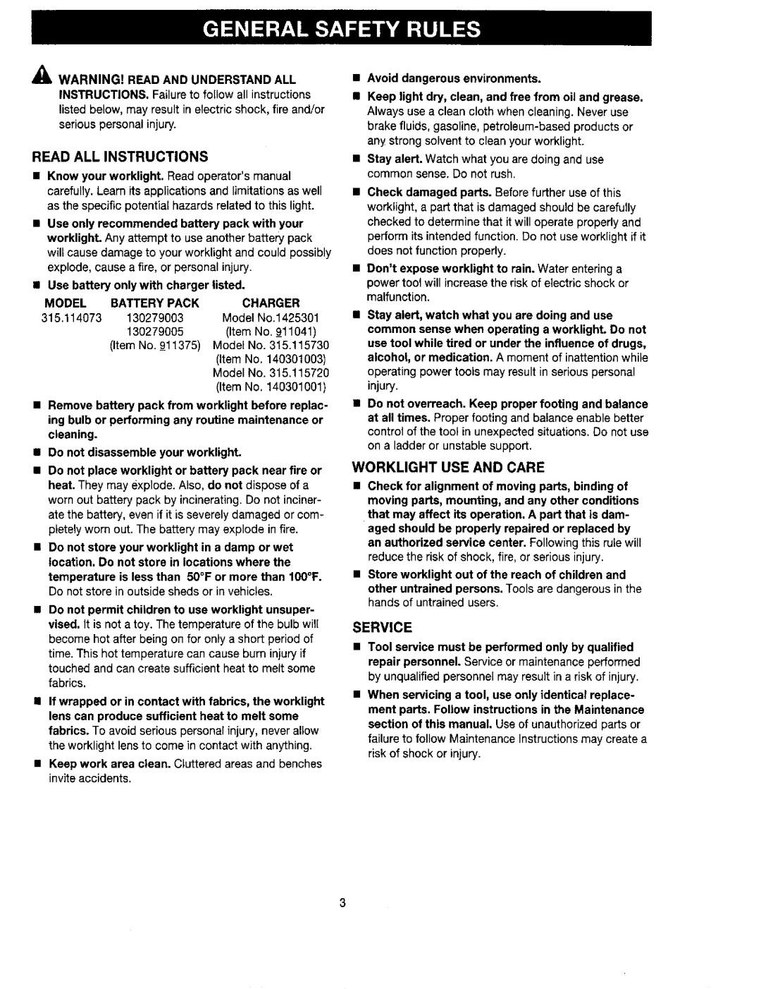 Craftsman 315.114073 manual Read ALL Instructions, Worklight USE and Care, IL WARNING! Read and Understand ALL, Service 