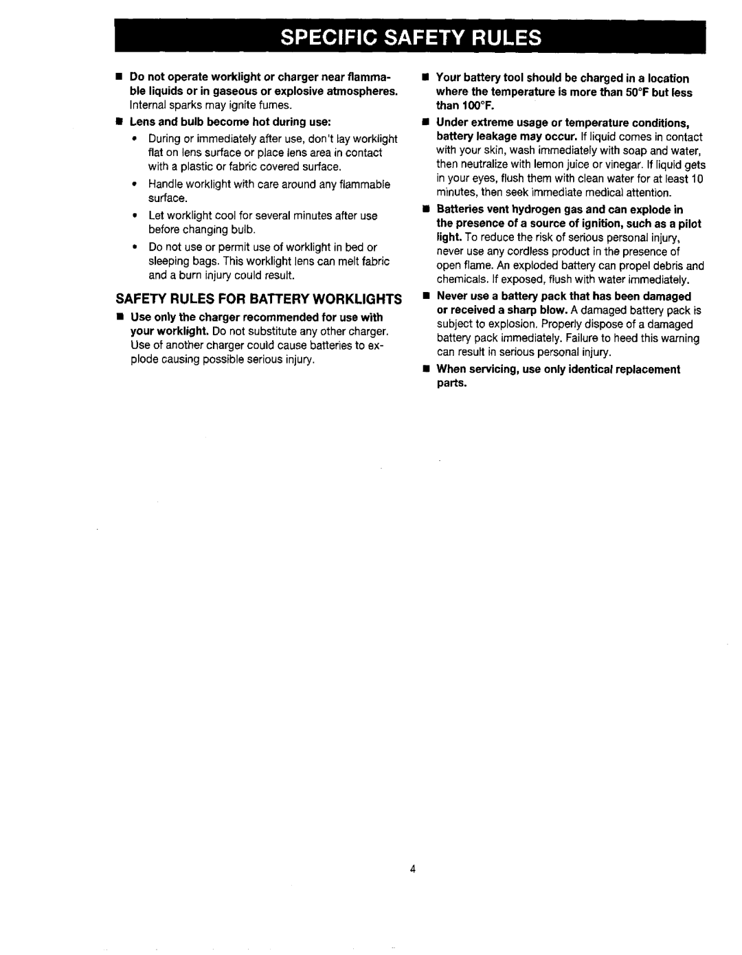 Craftsman 315.114073 manual Safety Rules for Battery Worklights 