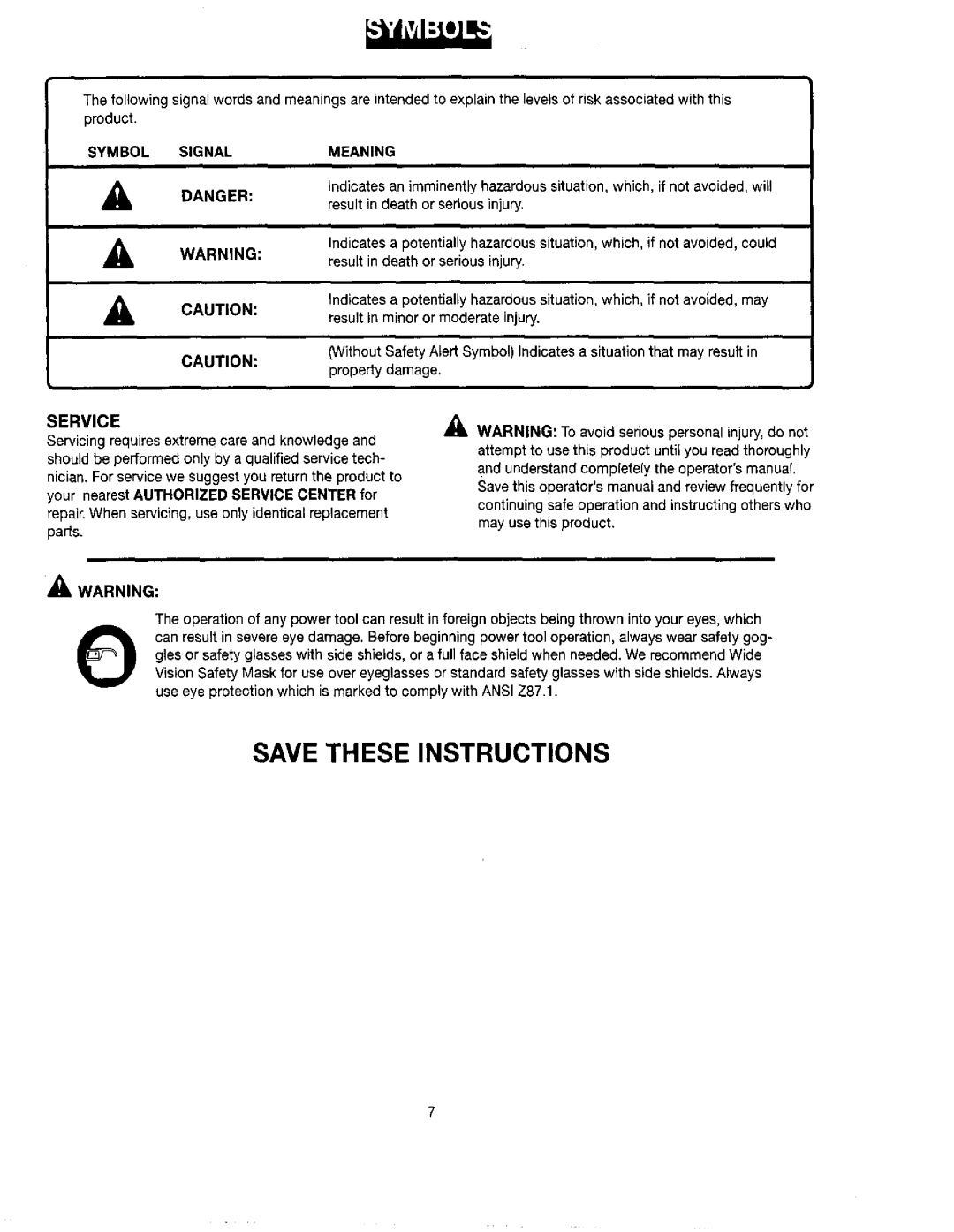 Craftsman 315.114073 manual Symbol Signal Meaning, Your nearest Authorized Service Center for 