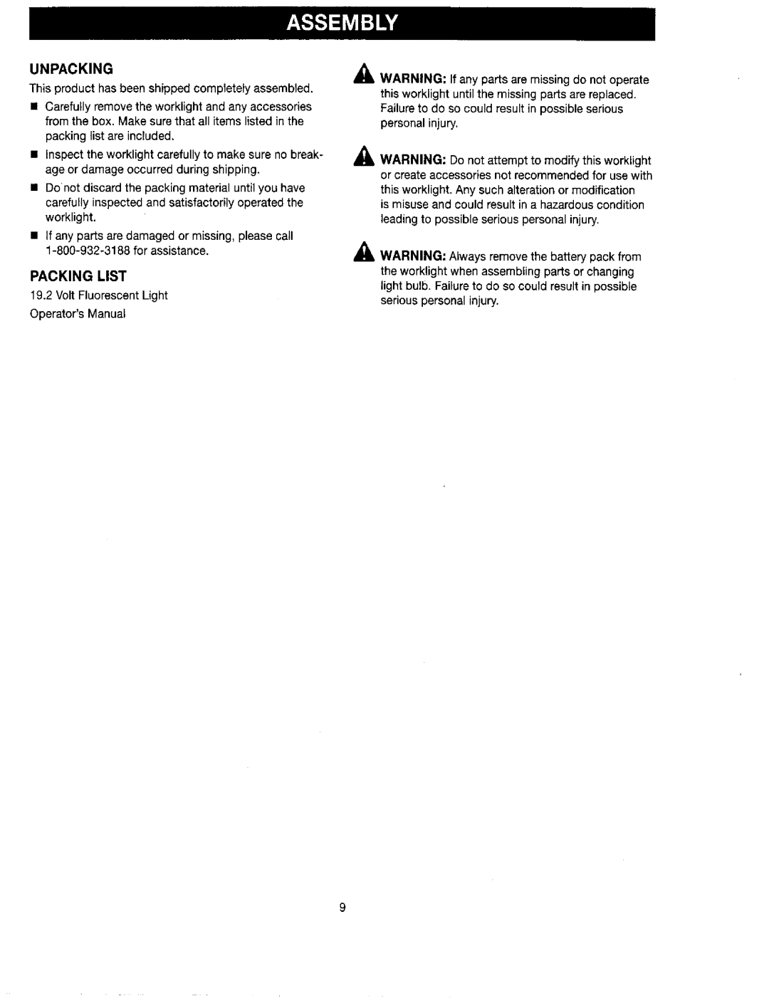 Craftsman 315.114073 manual Packing List, Unpacking, Volt FluorescentLight 