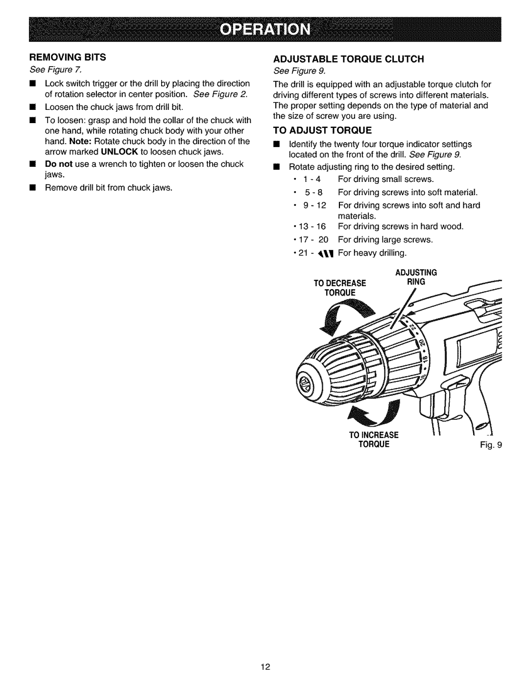 Craftsman 315.11445 manual To Adjust Torque, Adjusting, To Decrease Ring Torque To Increase 