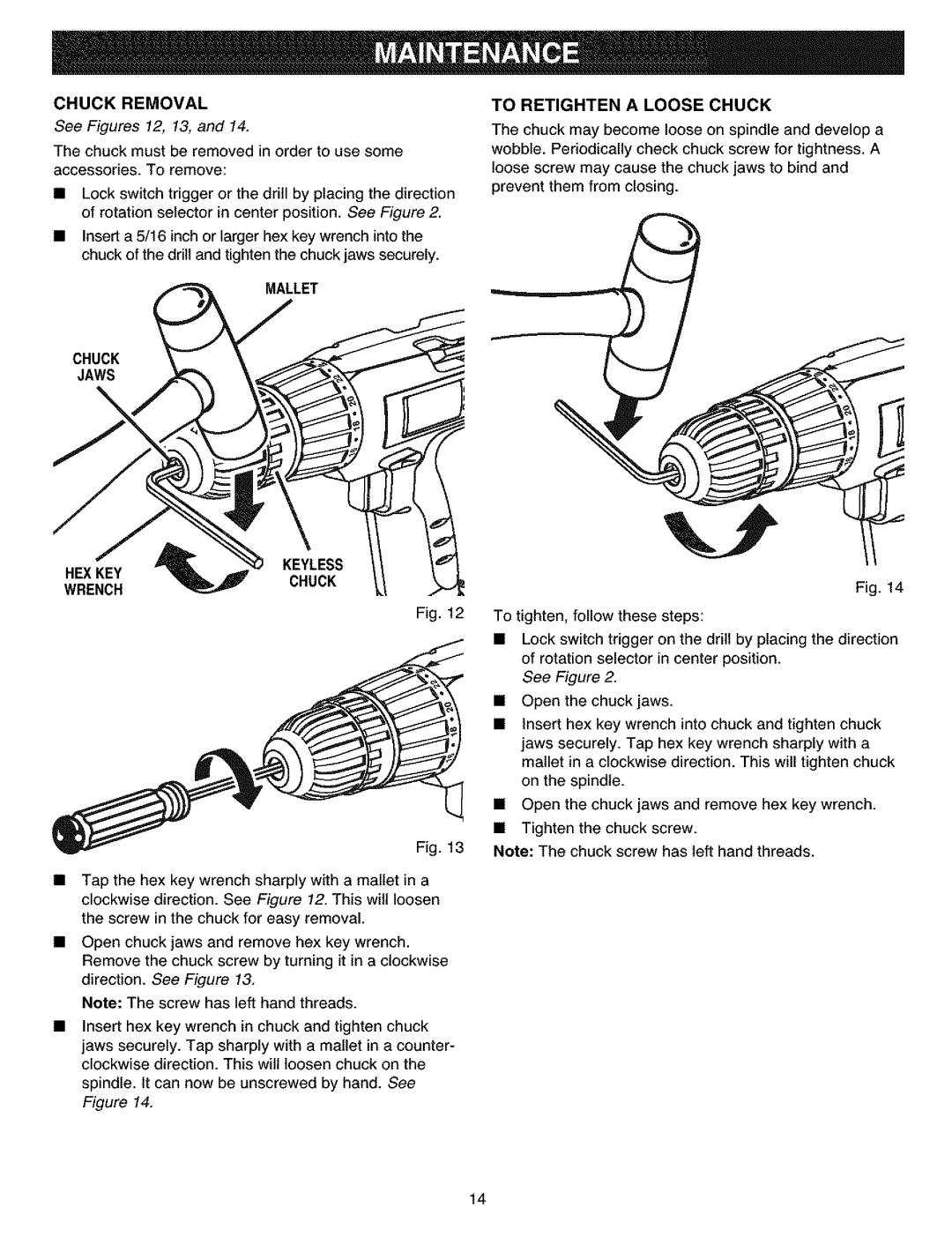 Craftsman 315.11445 manual See Figures 12, 13, Mallet Chuck Jaws HEX Keykeyless 