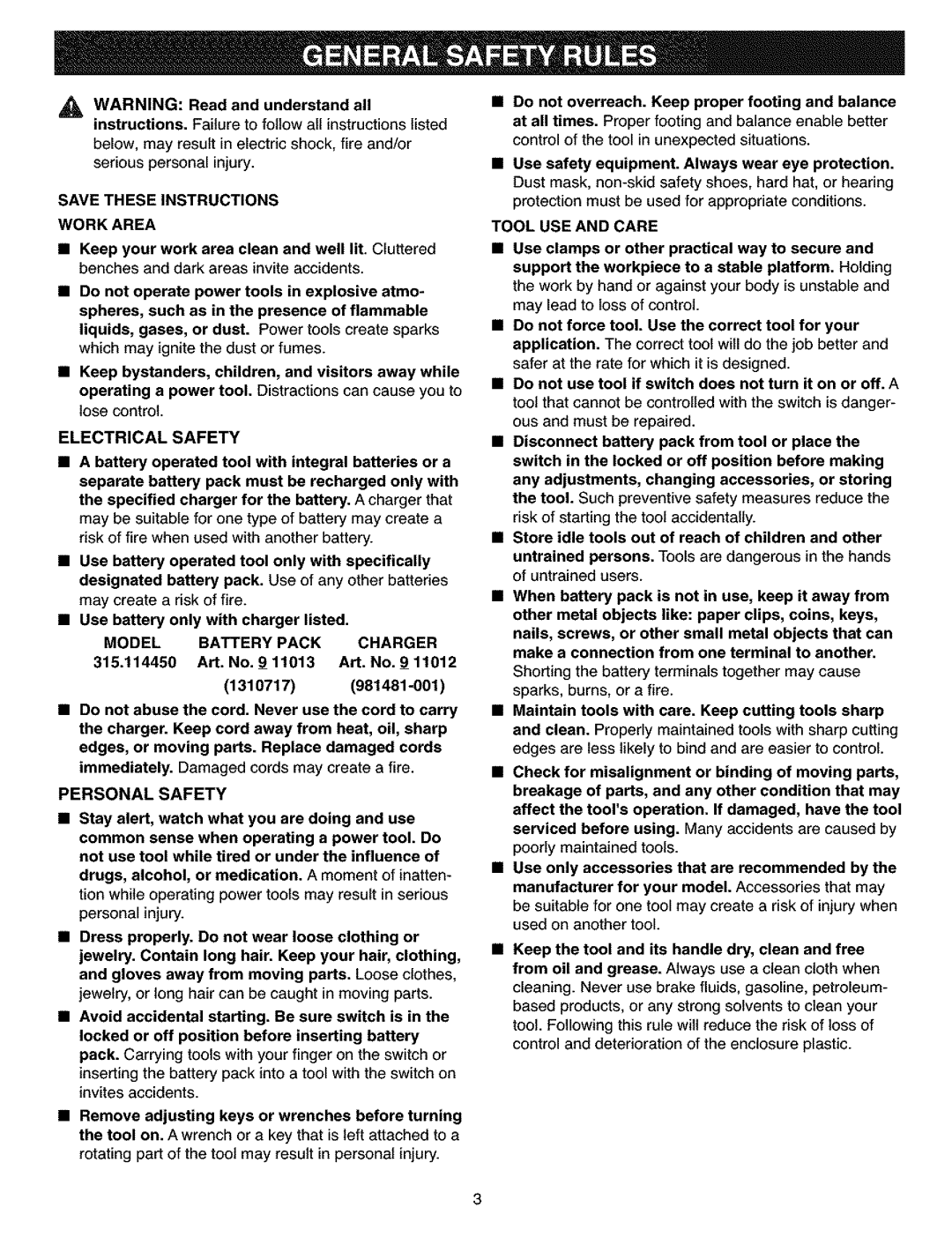 Craftsman 315.11445 manual Work Area, Electrical Safety, Model Battery Pack Charger, Tool USE and Care 