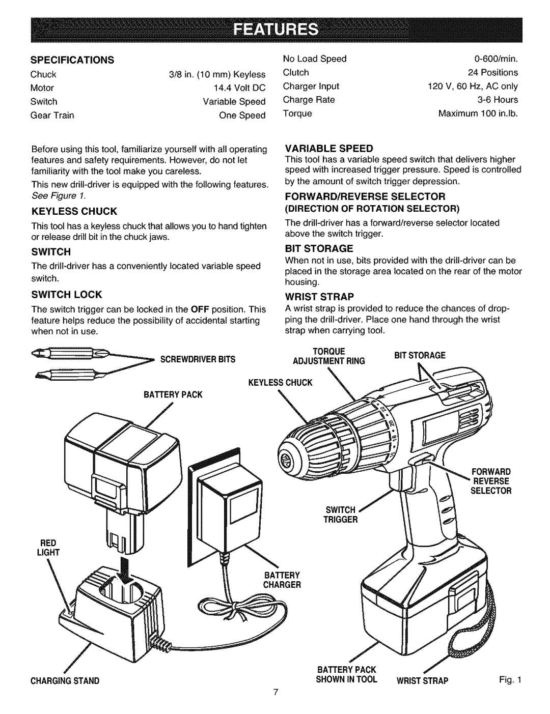 Craftsman 315.11445 manual Variable Speed, Direction of Rotation Selector, BIT Storage, Wrist Strap 