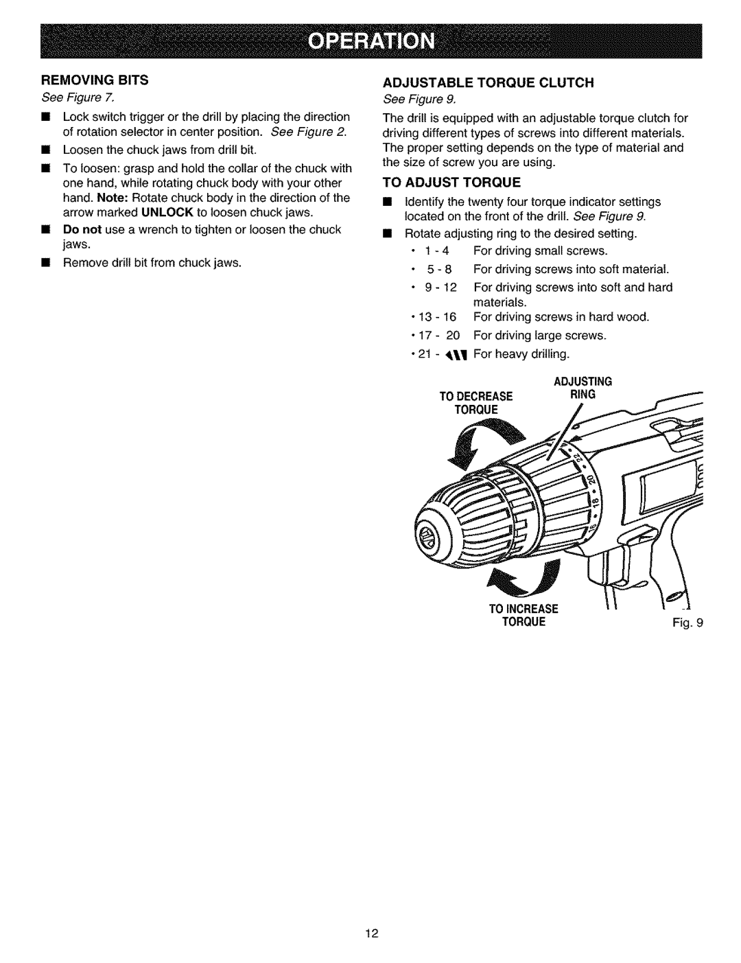Craftsman 315.11445 manual Removingbits, To Adjust Torque, Adjusting, To Decrease, Ring, To Increase 