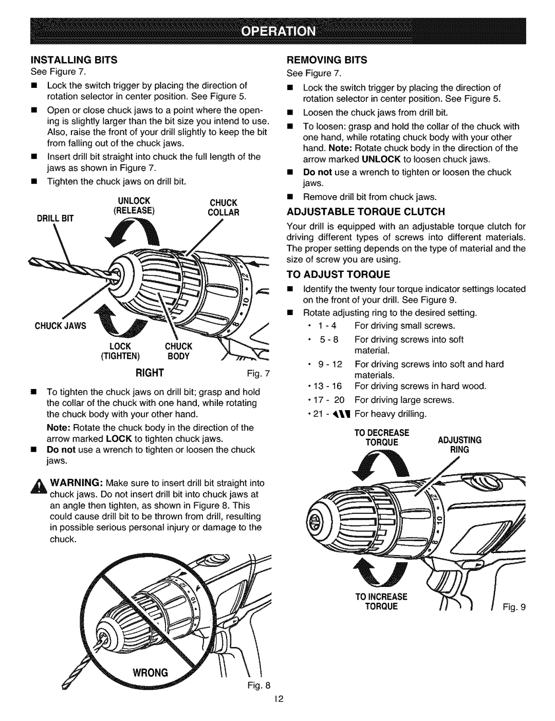 Craftsman 315.11461 operating instructions Drillbit Chuckjaws Lock Chuck, Right, Removing Bits, To Adjust Torque 