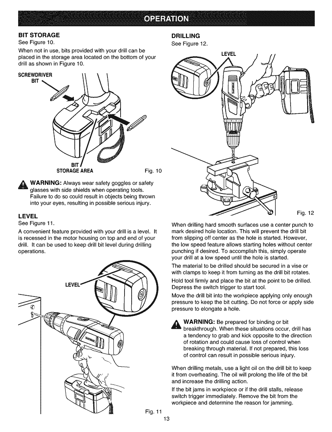 Craftsman 315.11461 operating instructions BIT Storage, Screwdriver BIT Drilling, Storagearea 