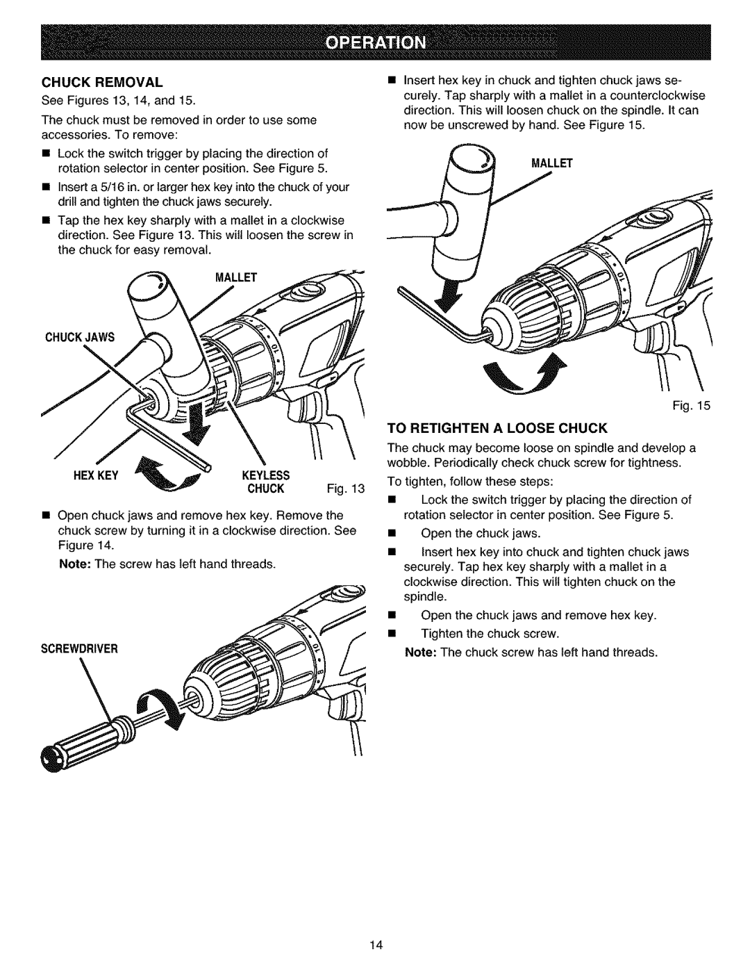 Craftsman 315.11461 operating instructions Chuck Removal, Mallet Chuckjaws, Mallet To Retighten a Loose Chuck 