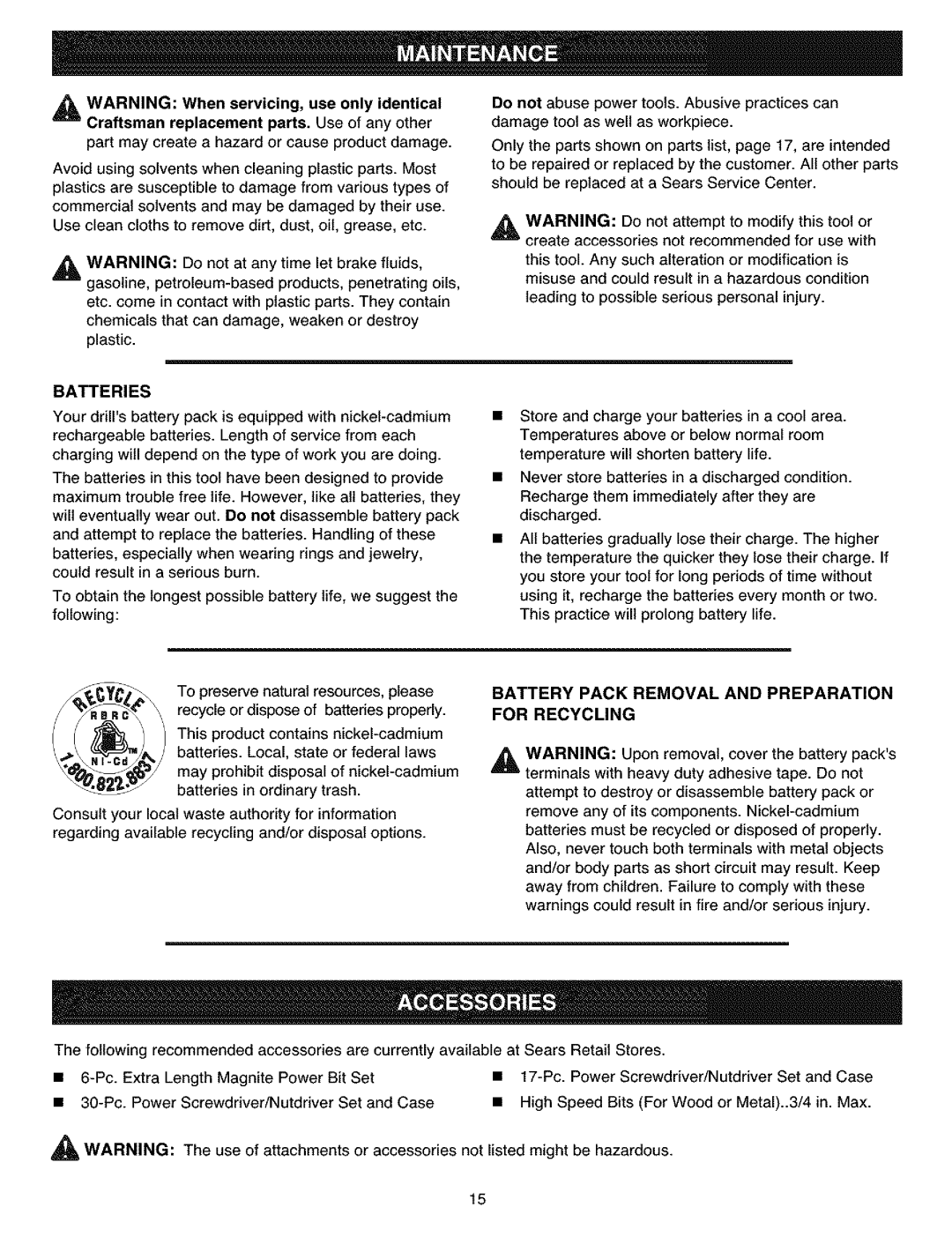 Craftsman 315.11461 operating instructions Batteries, Battery Pack Removal and Preparation for Recycling 