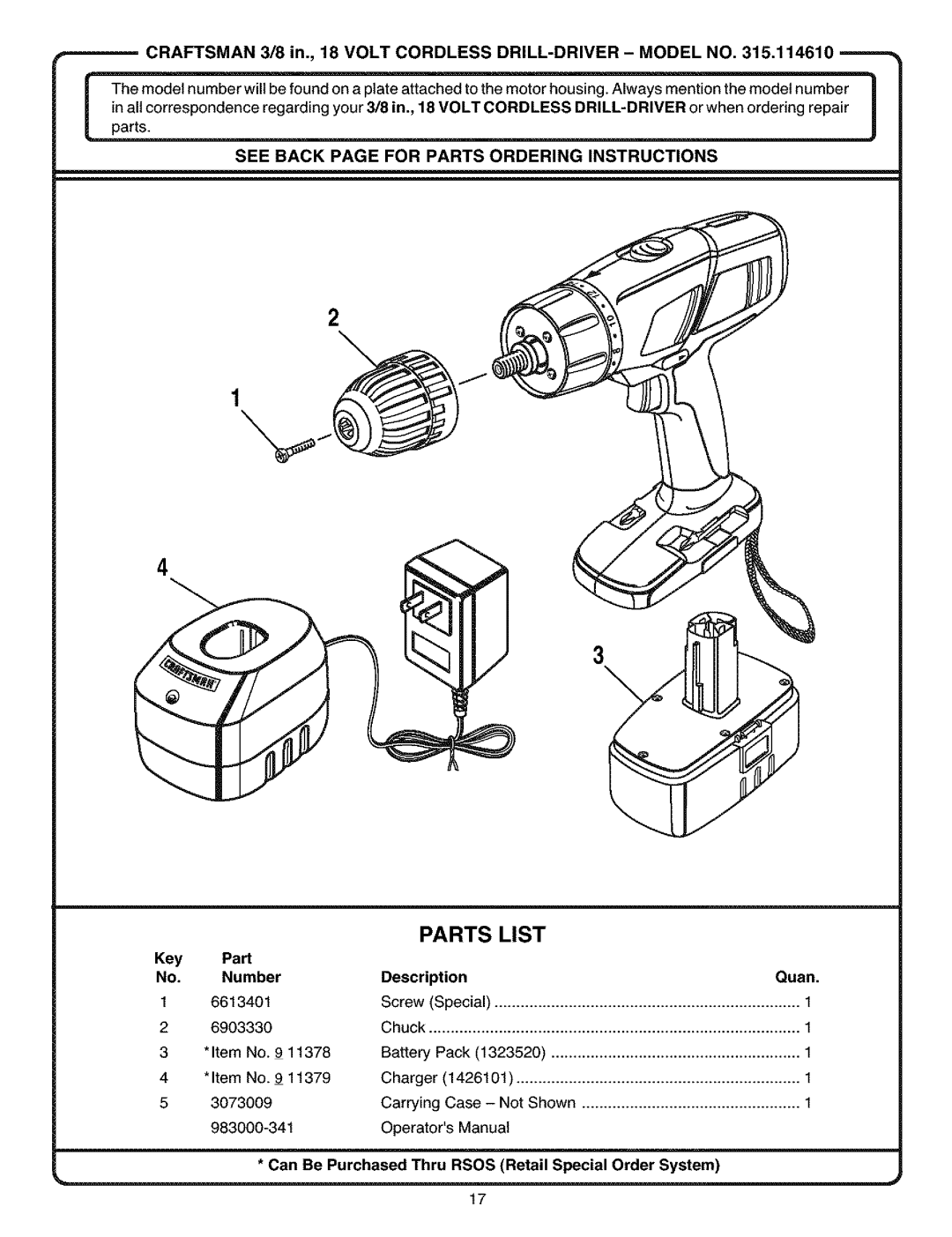 Craftsman 315.11461 operating instructions Parts List, See Back page for Parts Ordering Instructions 