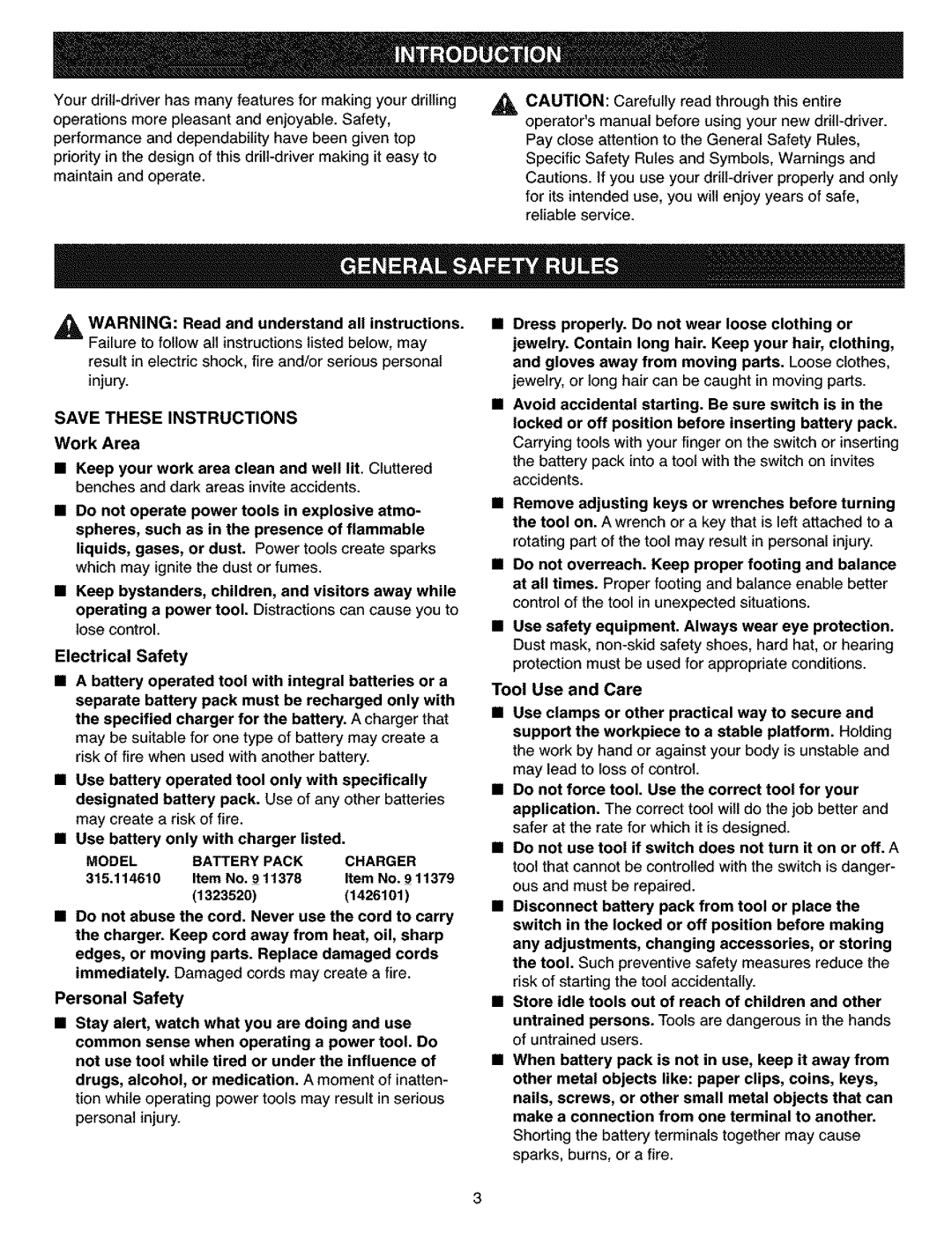 Craftsman 315.11461 operating instructions Model Battery Pack Charger 