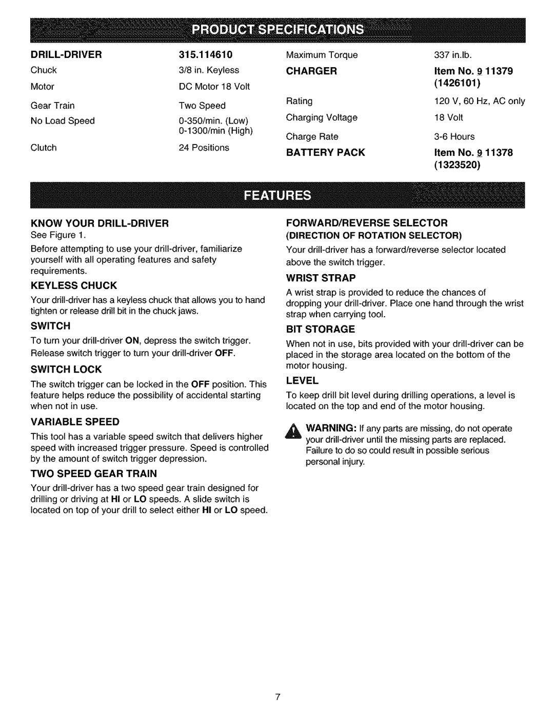 Craftsman 315.11461 Drill-Driver, Know Your DRILL-DRIVER, Switch Lock, Variable Speed, TWO Speed Gear Train 