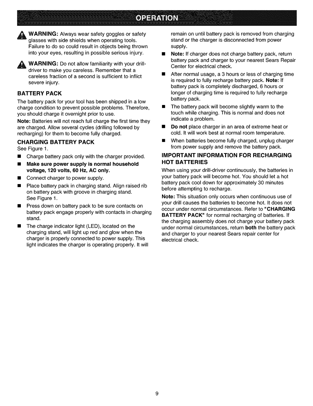 Craftsman 315.11461 operating instructions Charging Battery Pack, Important Information for Recharging HOT Batteries 