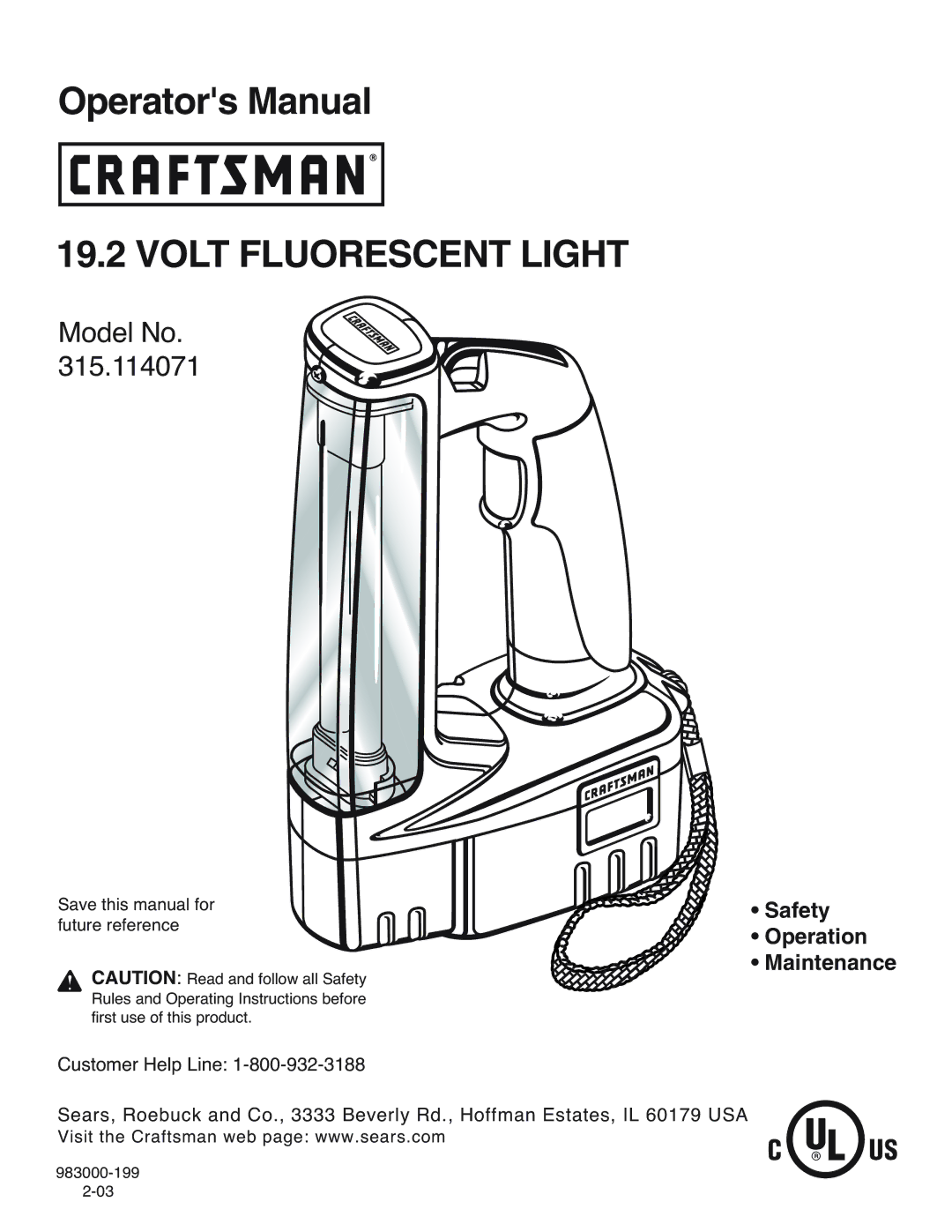 Craftsman 315.11485 manual Volt Fluorescent Light 