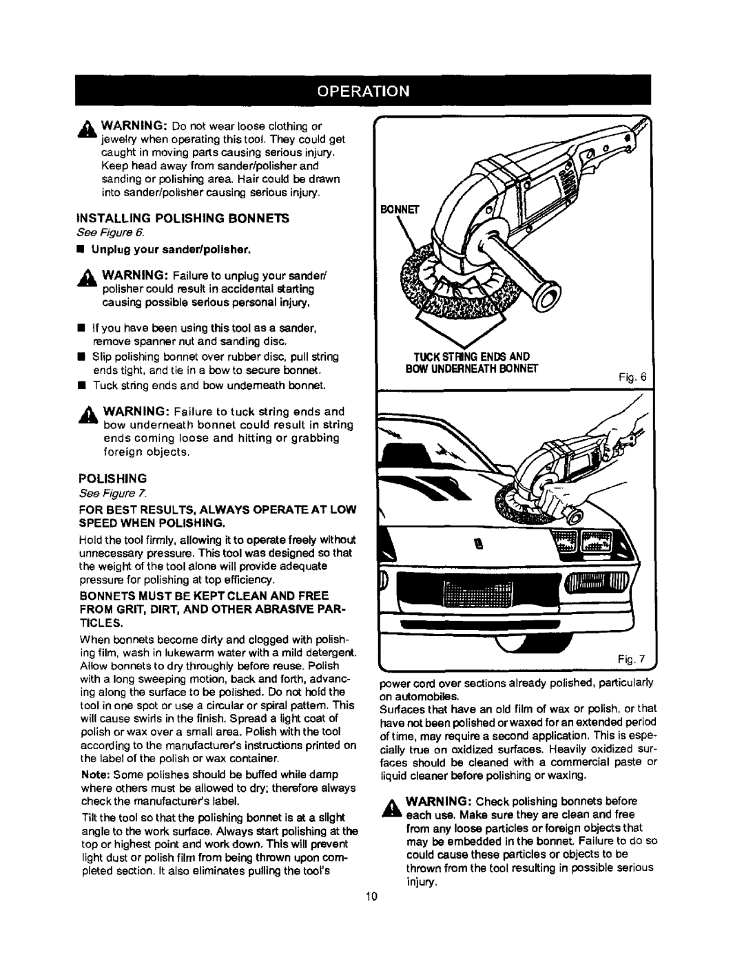 Craftsman 315.115032 operating instructions Tuckstfngendsand Bowunderneathbonnet, Injury, Installing Polishing Bonnets 