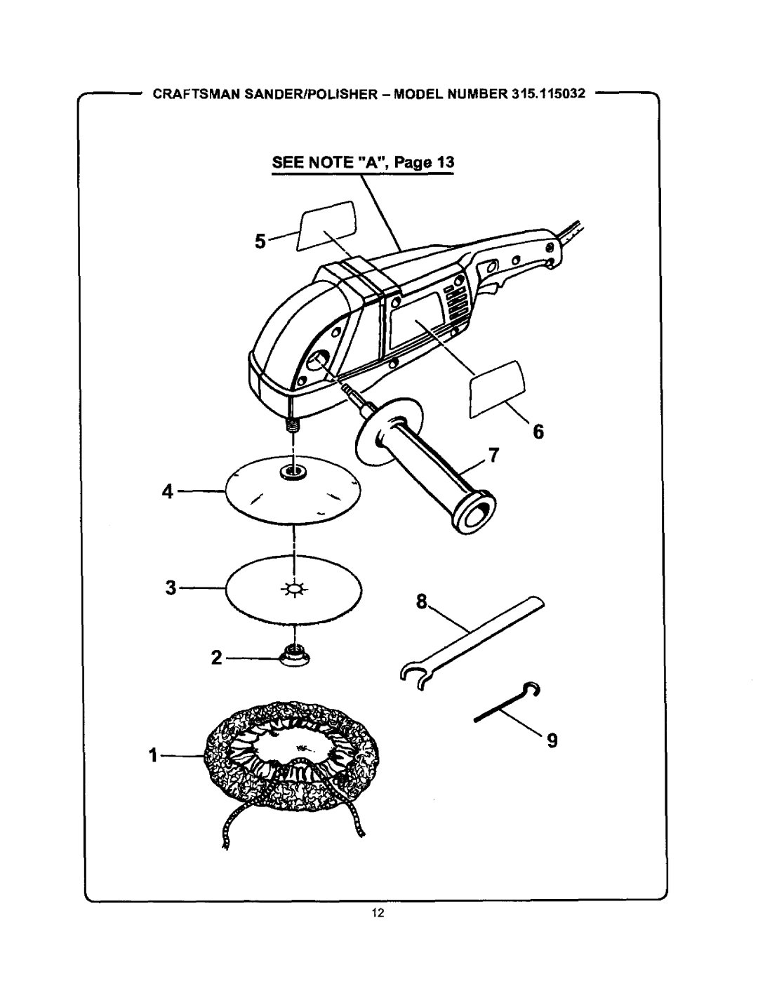 Craftsman 315.115032 operating instructions See Note A, Craftsman SANDER/POLISHER Model Number 3t5.115032 