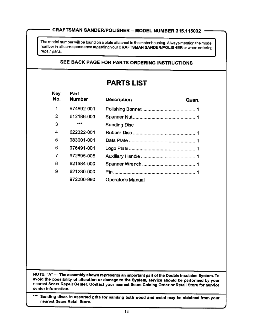 Craftsman 315.115032 Craftsman SANDER/POLISHER Model Number, See Back page for Parts Ordering Instructions 