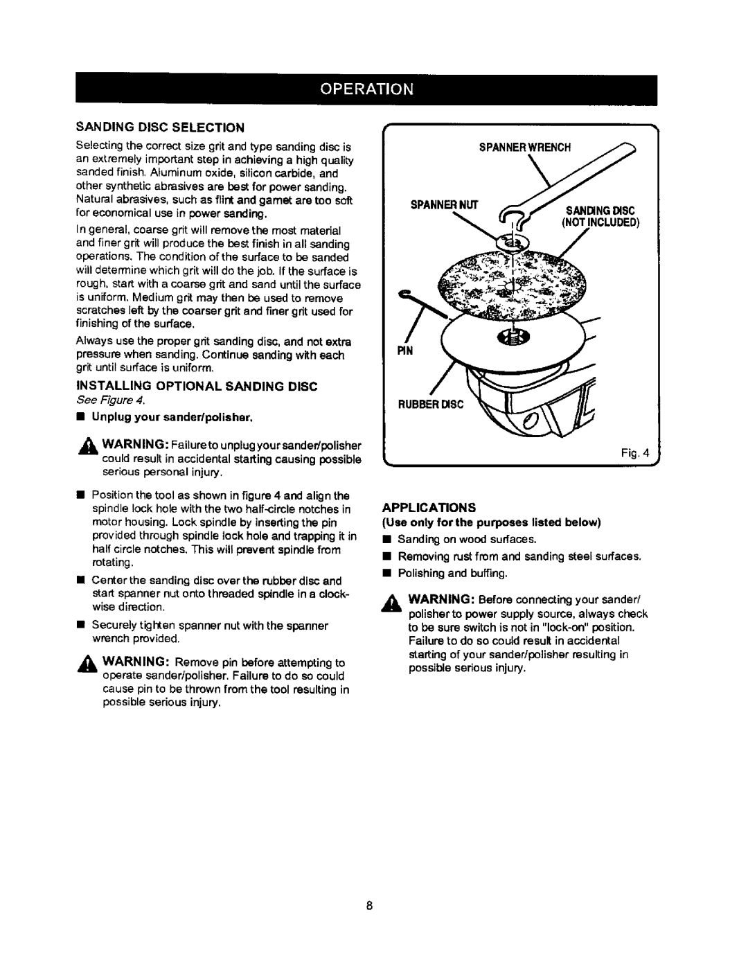 Craftsman 315.115032 Sanding Disc Selection, Installing Optional Sanding Disc, Unplug your sanderlpolisher 