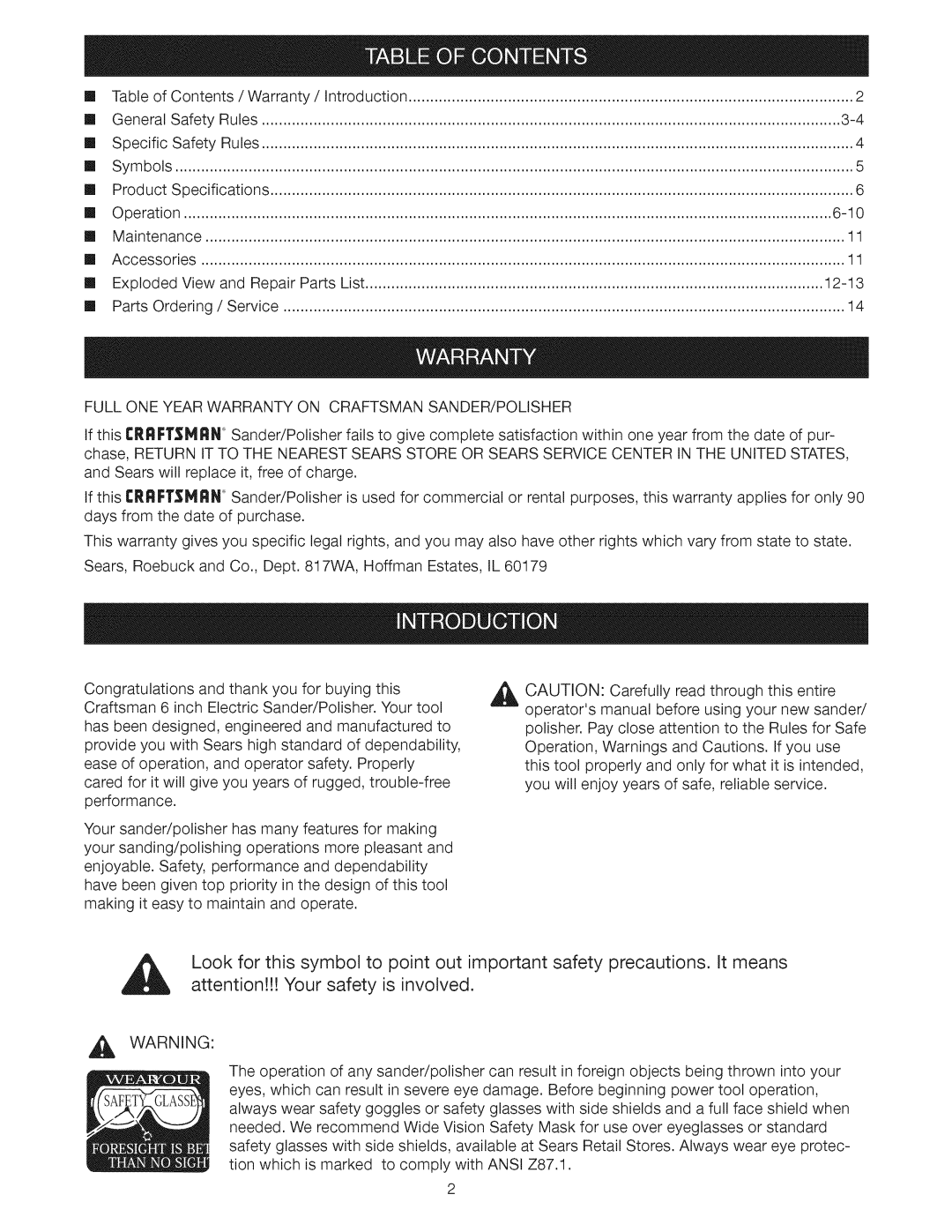 Craftsman 315.115033 operating instructions Full ONE Year Warranty on Craftsman SANDER/POLISHER, Aution 