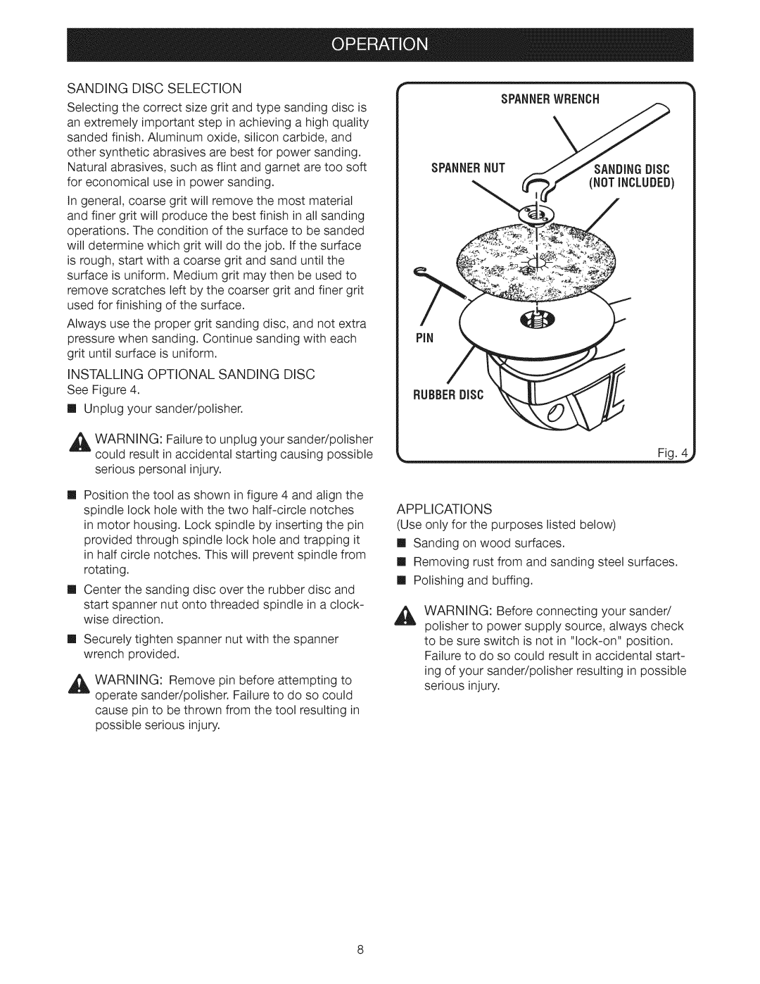 Craftsman 315.115033 operating instructions Sanding Disc Selection, Applications 