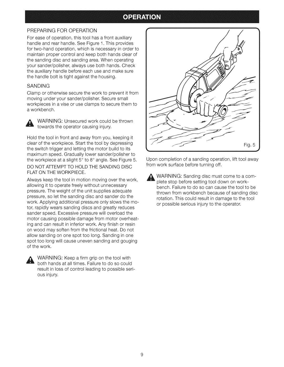 Craftsman 315.115033 operating instructions Preparing for Operation, Sanding 