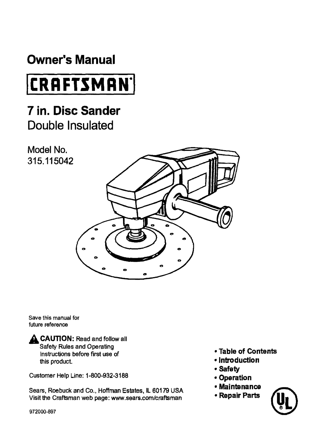 Craftsman 315.115042 owner manual OwnersManual In. Disc Sander Double Insulated 