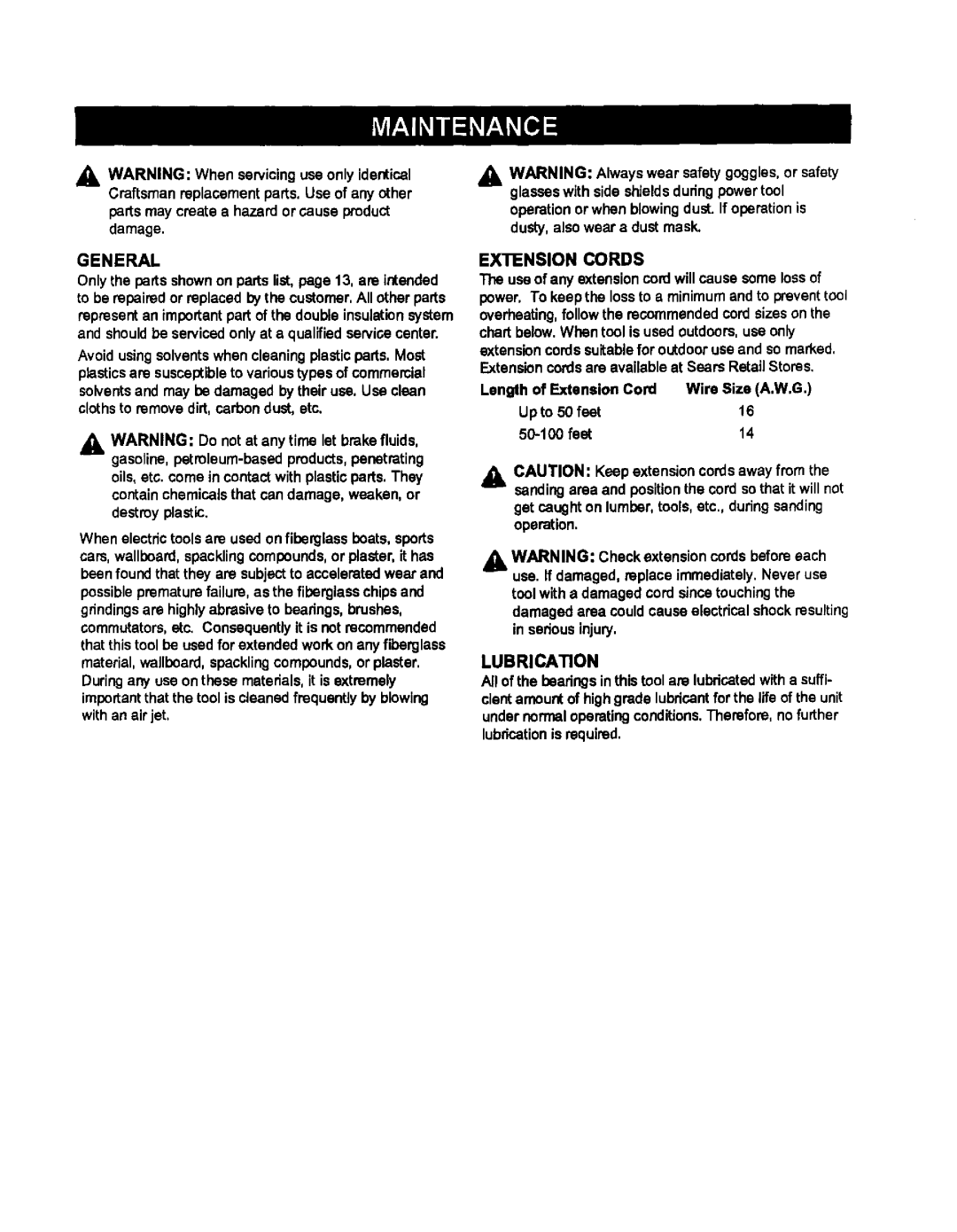 Craftsman 315.115042 owner manual Extension Cords, Lubrication, General 